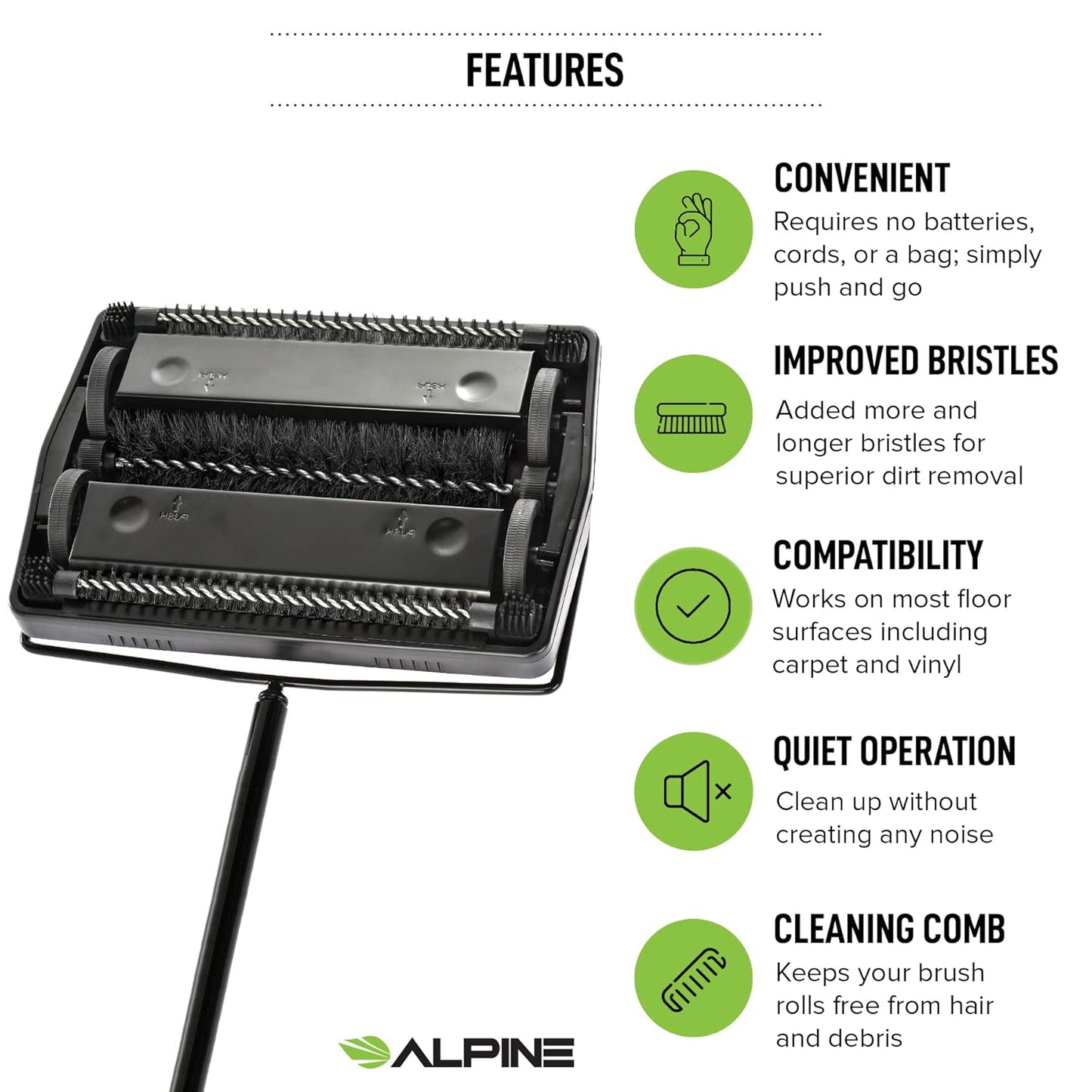 Alpine Manual Carpet Sweeper Triple Brush – Cordless Non Electric Multi-Surface Floor Brush Hardwood Floor Cleaner Easy Sweeping for Carpeted Floors (Improved Black)