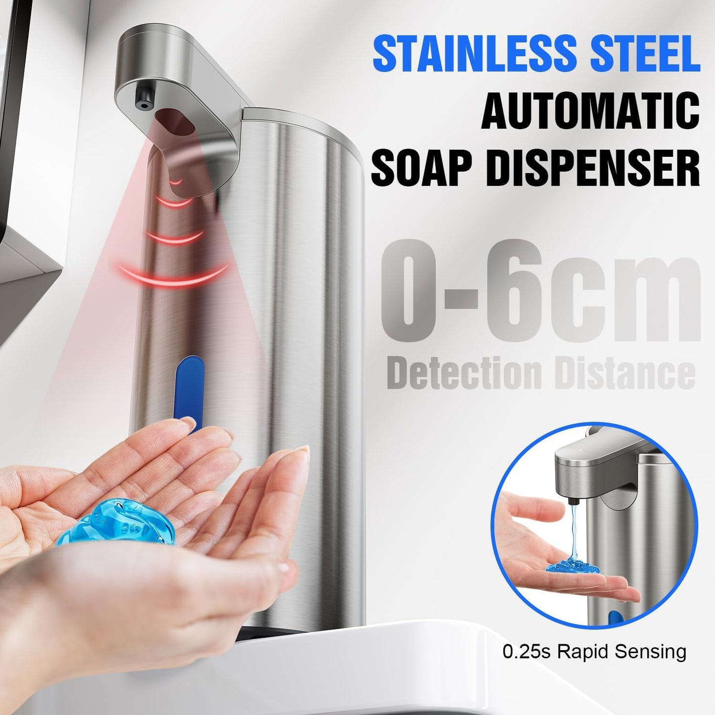 Automatic Soap Dispenser Touchless, Stainless Steel 11.5 oz 3 Levels Adjustable Hand Soap Dispenser with Rechargeable Sensor Pump for Kitchen & Bathroom Liquid Soap