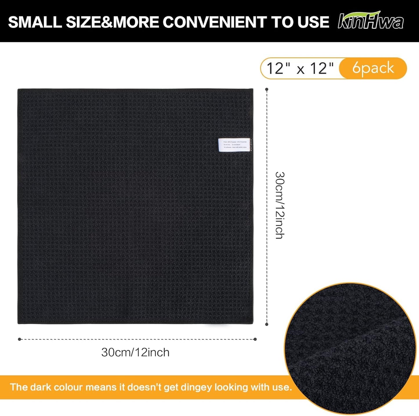 KinHwa Microfiber 6 Pack Dish Cloths Thick Waffle Weave Kitchen Dish Drying Towel Rags Super Absorbent Kitchen Tea Towels Sets 12inch x 12inch Black