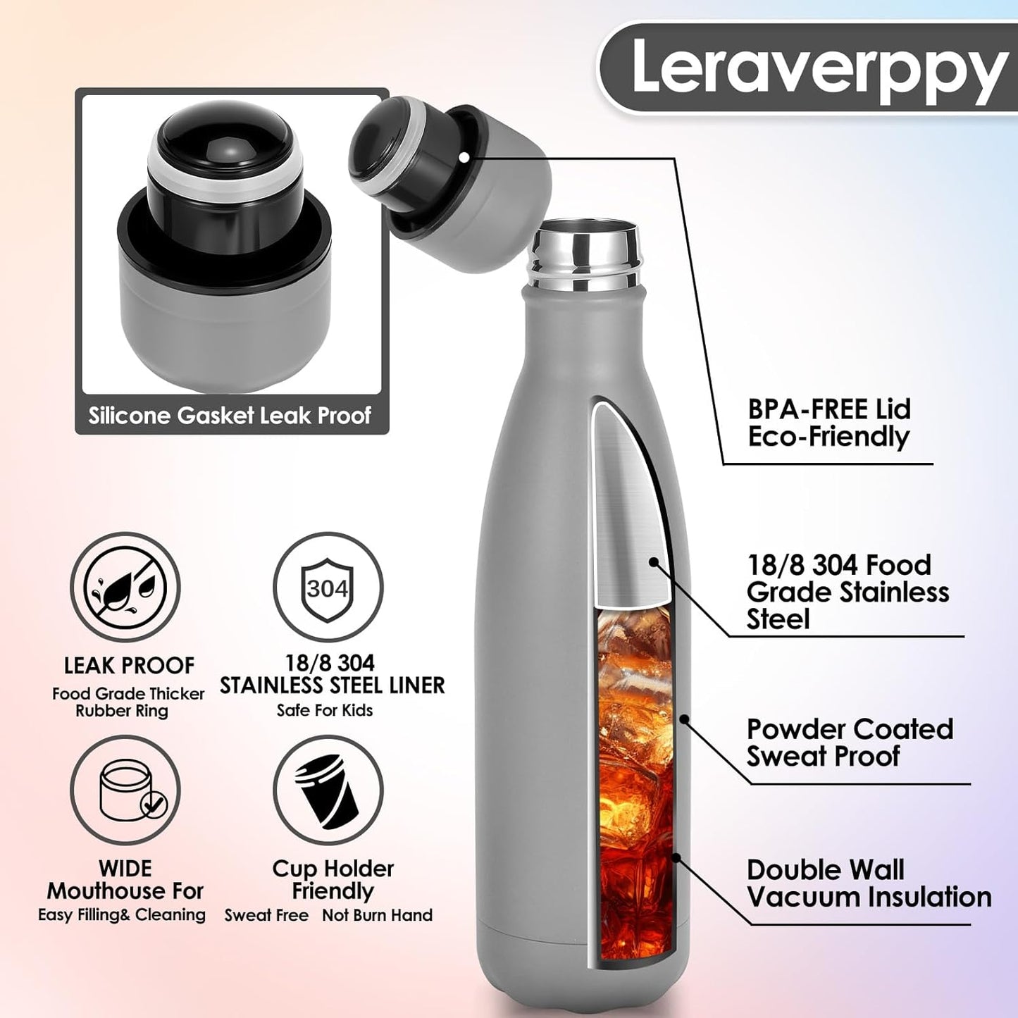 17oz Cola-Bottle Shaped Stainless Steel Leak-proof Water Bottle,Double Wall Vacuum Insulated Metal,Travel Mug For Sports Indoors & Outdoors,BPA-Free School Kids Flasks,Gray(1Pack)