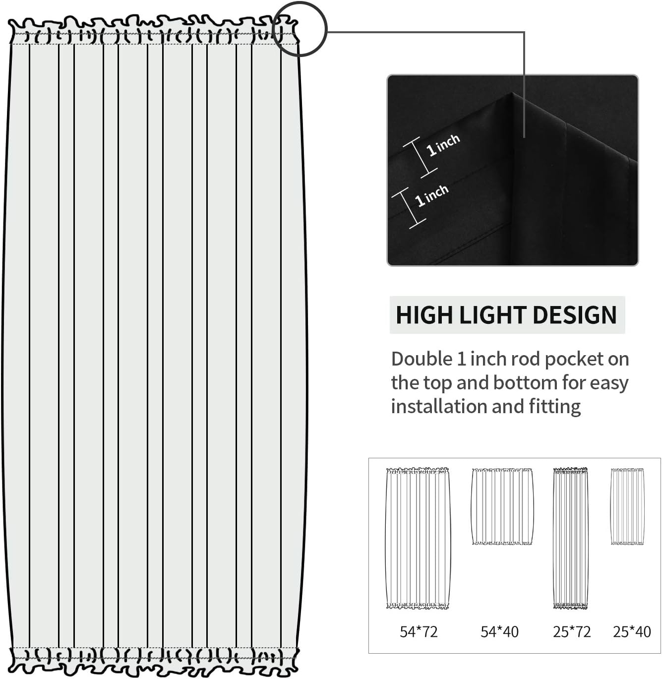 DWCN French Door Curtains – Rod Pocket Thermal Blackout Curtain for Doors with Glass Window, Kitchen and Patio Doors for Privacy, 25 X 72 Inches Long, 1 Curtain Panel with Tieback,Black