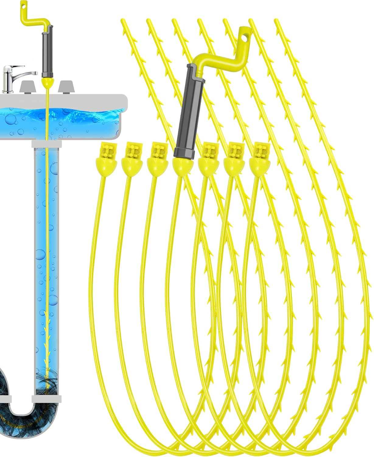 Drain Clog Remover Tool, 30 Inch Sink Snake Hair Clog Remover with Rotating Handle and 7 Wand Spares, Anti-Break Nylon Drain Hair Remover Plumbing Snake, Unclog Drain Quickly and Easily-7 Pack