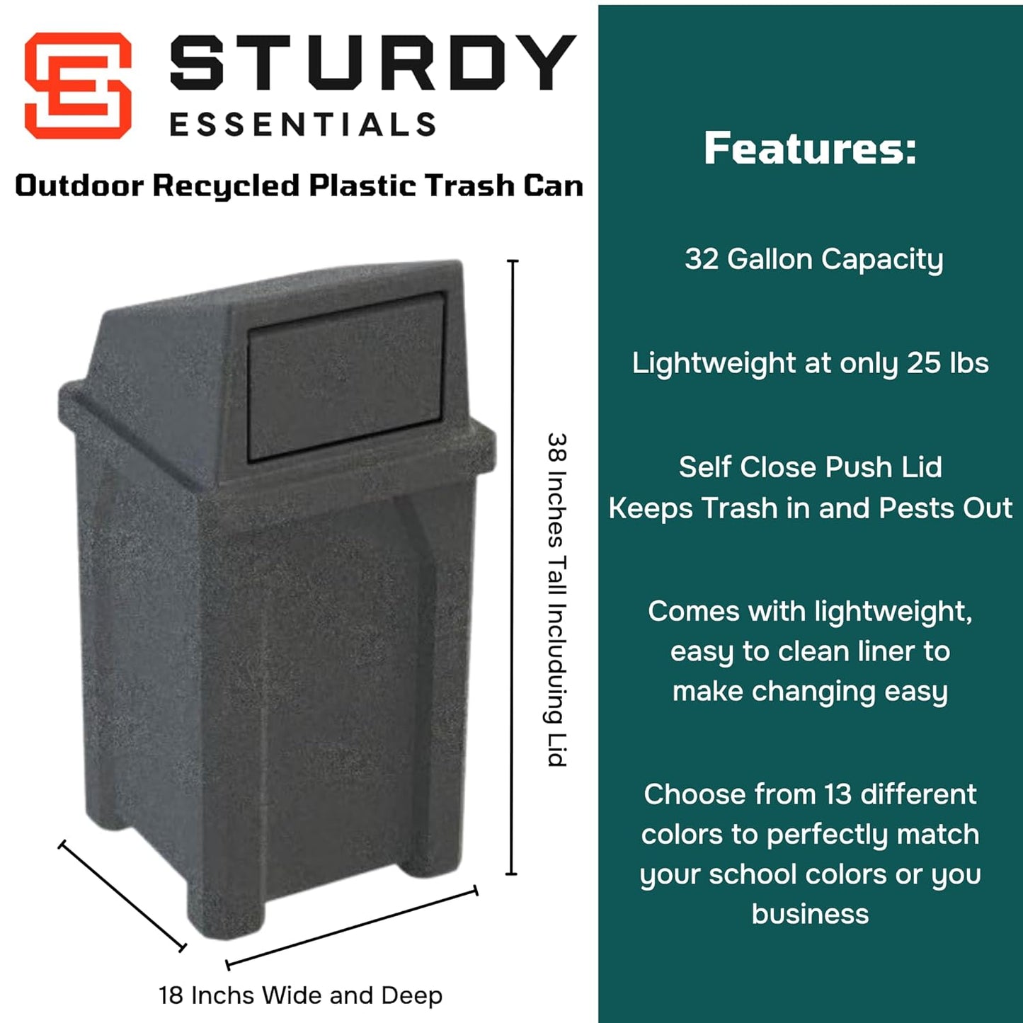 32 Gallon Square 100% Recycled Plastic Heavy Duty Commercial Outdoor or Indoor Trash Can with Push Lid - Great for Schools and Businesses - Dark Granite
