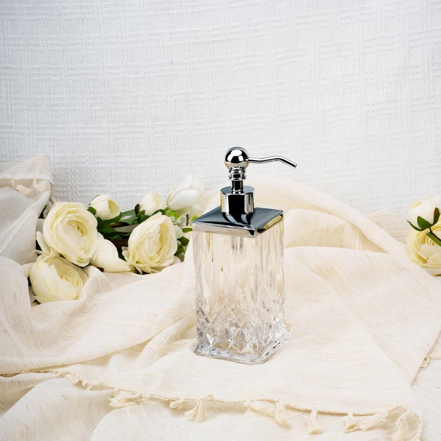 10Oz Clear Glass Soap Dispenser,Handcrafted Lead-Free Glass,Hand Sanitizer Dispenser with Silver Pump for Kitchen and Bathroom,Elegant Bathroom Decor(Square)