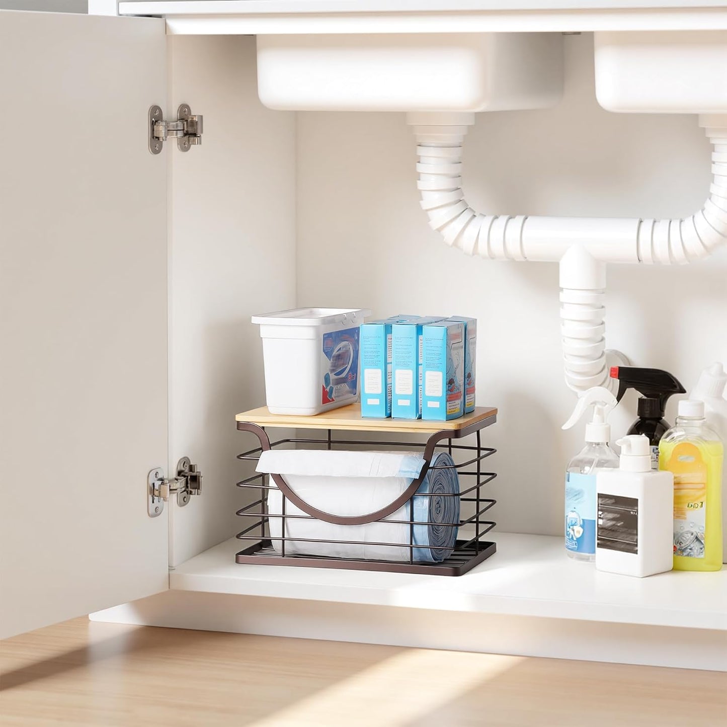 Extra Large Trash Bag Holder Under Sink Stackable Kitchen Storage with Lid, Garbage Bag Dispenser Roll Holder, Wall Mounted Trash Bag Container, Laundry Room Organization Storage, Brown