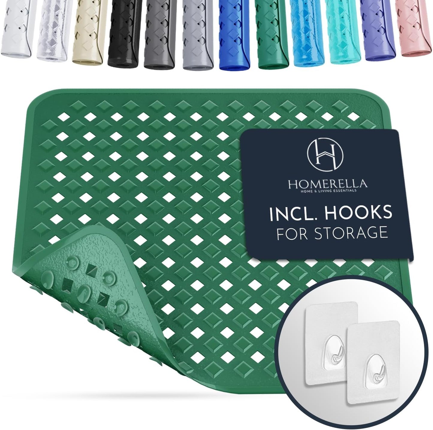 Homerella Anti Slip Shower Mat | Anti Mold Non Slip Bathtub Mat for Inside Shower | Square Floor Shower Mat 21 x 21 inch with Suction Cups for Grip & Hooks Hanging and Quick Drying | Machine Washable