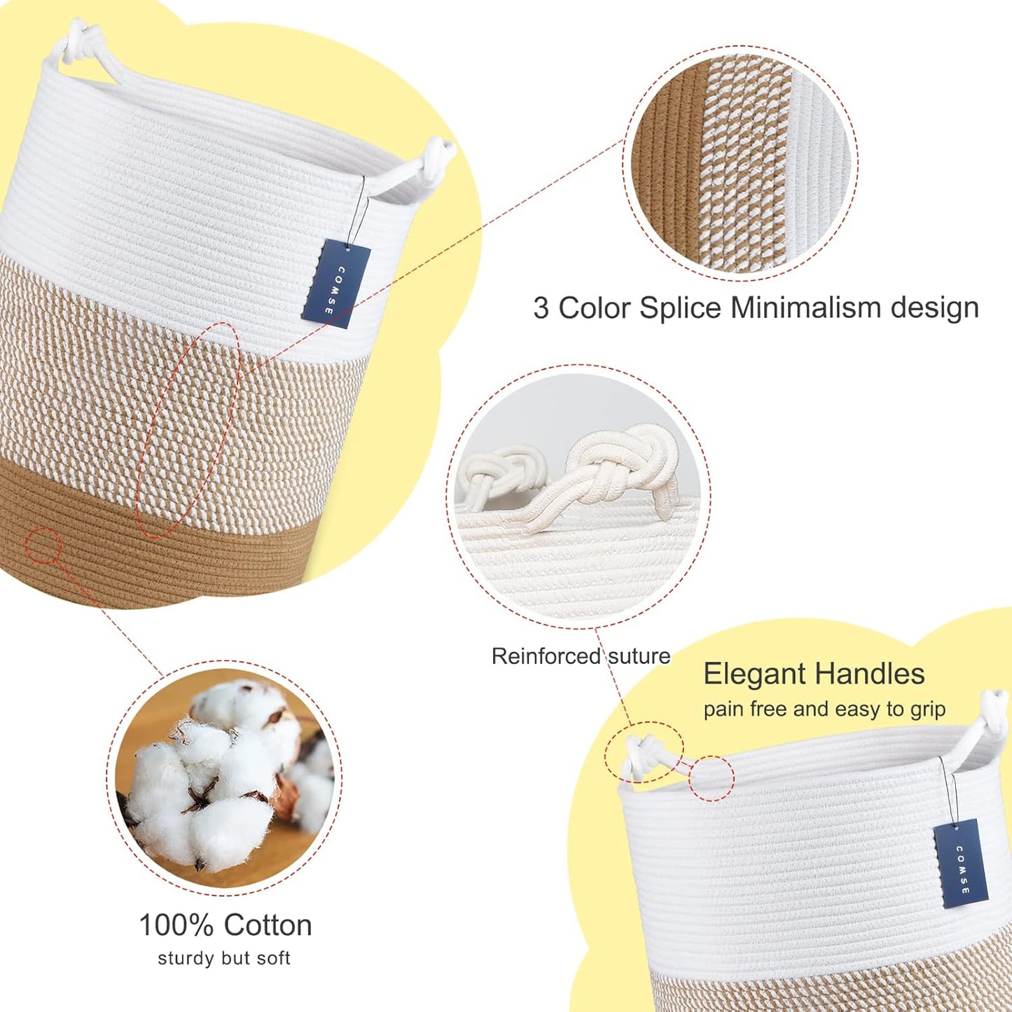 COMSE Extra Large Blanket Basket, Tall Woven Storage Basket, Nursery Hamper, 15.7”x 21.7”, Cotton Rope Laundry Hamper for Toys Clothes Towels, White/Camel