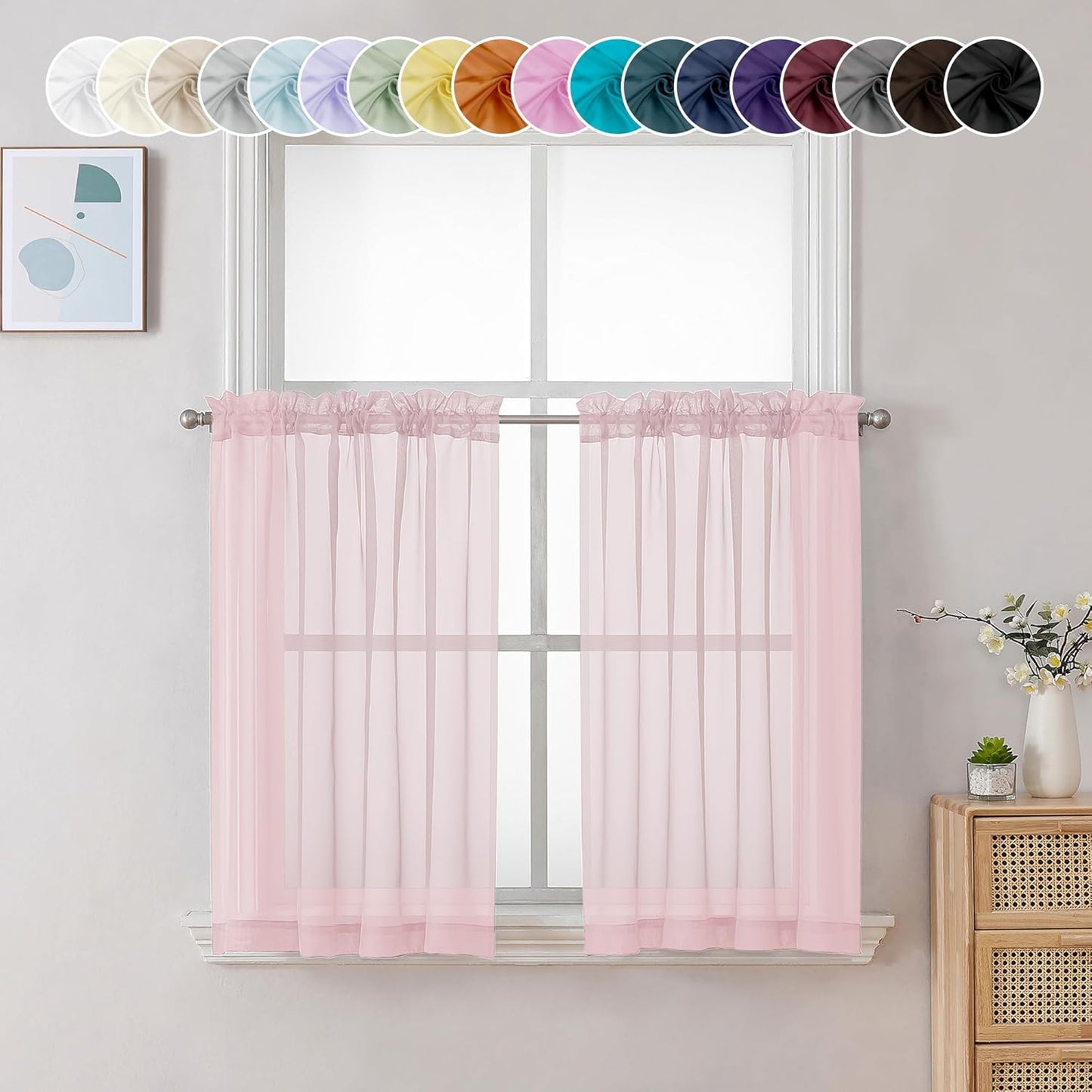 Chyhomenyc Sheer Curtains 36 inch Length 2 Panels, Light Filtering Voile Rod Pocket Short Window Sheer Curtians for Bathroom Living Room, 2PCS, Blush Pink