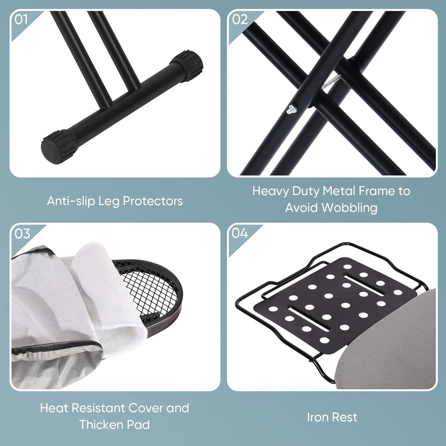 Deluxe Ironing Board with Heat Resistant Cover and Thicken Felt Pad, Heavy Sturdy Legs,Full Size Hanger Iron Board,Foldable (L-Grey)