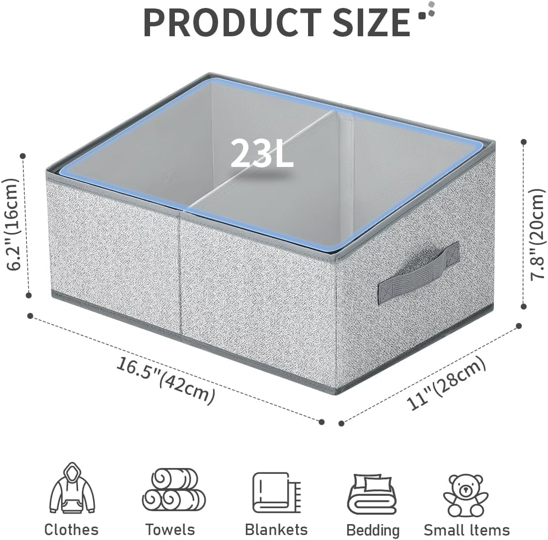 DIMJ Trapezoid Storage Bins for clothes - 4 Packs Closet Organizers and Storage Baskets, Foldable Closet Baskets with Handles and Divider, Closet Storage Bin Toybox for Shelves Living Room Bedroom