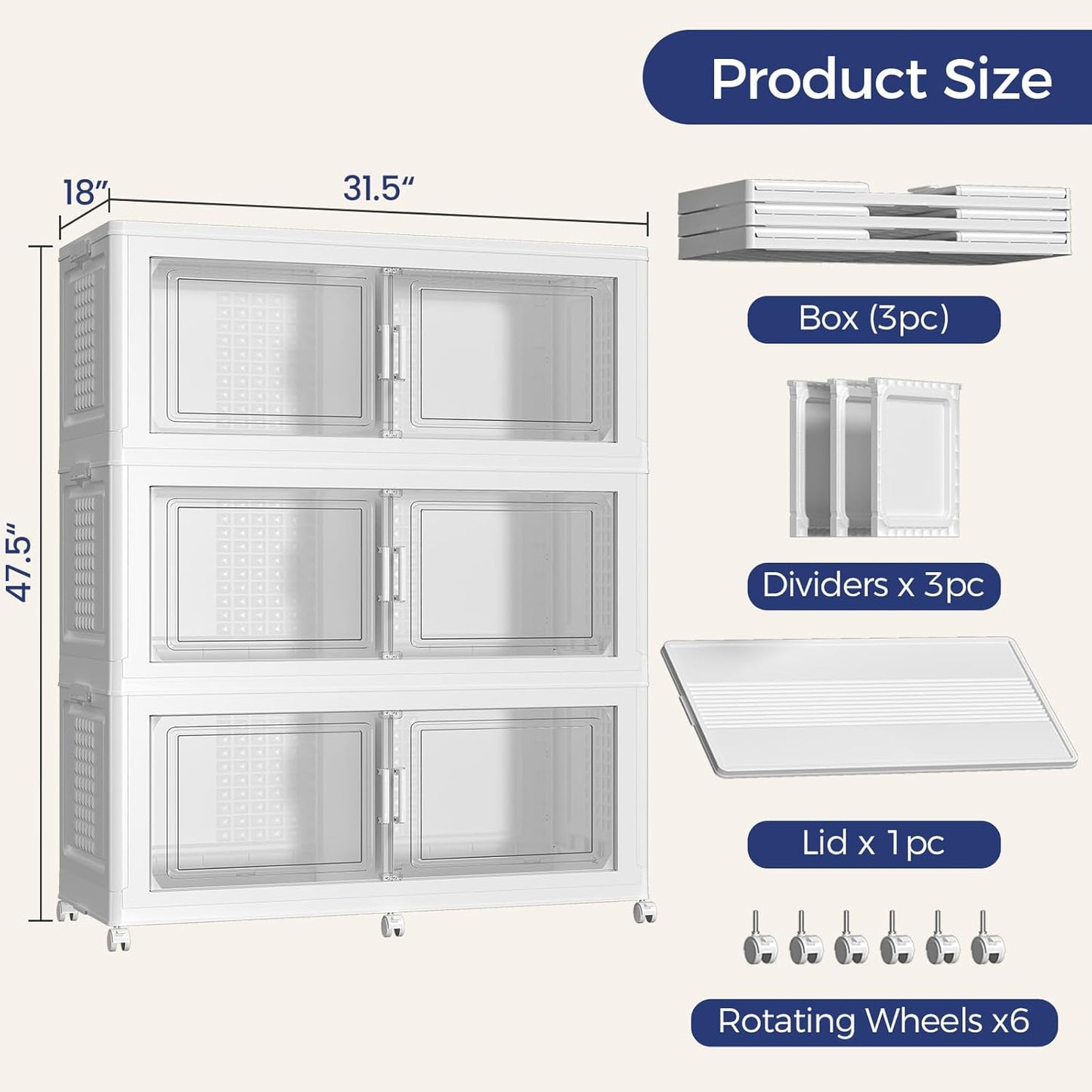 150GAL Storage Bins with Lid and Wheels, Stackable Closet Organizers and Storage Drawer, Collapsible Storage Box with Dividers, Foldable Plastic Cabinets Cubes Totes for Garage, 3 Pack White