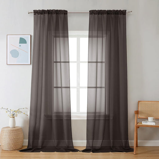 Chyhomenyc Sheer Chocolate Brown Curtains 90 inches Long 2 Panels, Light Filtering Soft Airy Solid Elegant Voile Window Treatment Drapes for Bedroom Living Room Wedding Party Decor, 42 Wx90 L Inches