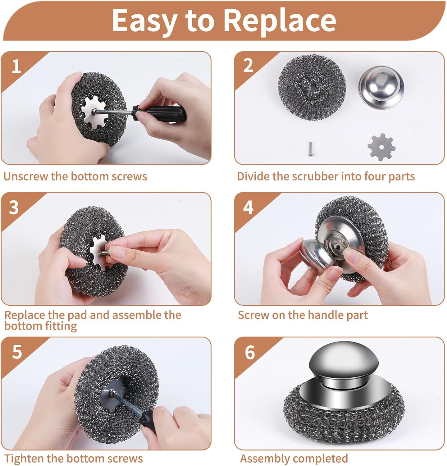 6PCS Steel Wool Scrubber Wire Sponge Set, Barbecue Grill Cleaning Scrubber Pads, Stainless Steel Scrubber Replacement for Scouring Messes from Cast Iron, Pots, Pans, Grill, Stoves, Sink (6 Pads)