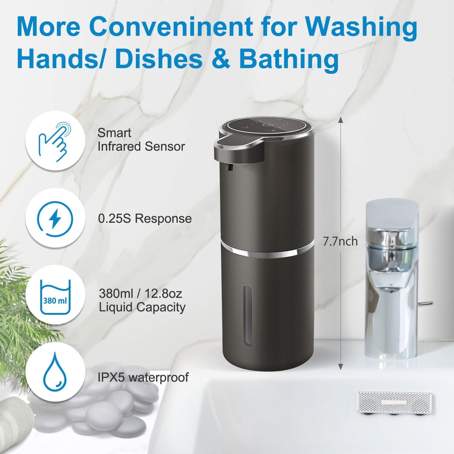 Automatic Liquid Soap Dispenser,4-Level Adjustable, Wall Mount,USB Rechargeable,12.8oz/ 380ml,Touchless Hand & Dish Soap Dispenser for Bathroom, Kitchen,Hotel, Restaurant