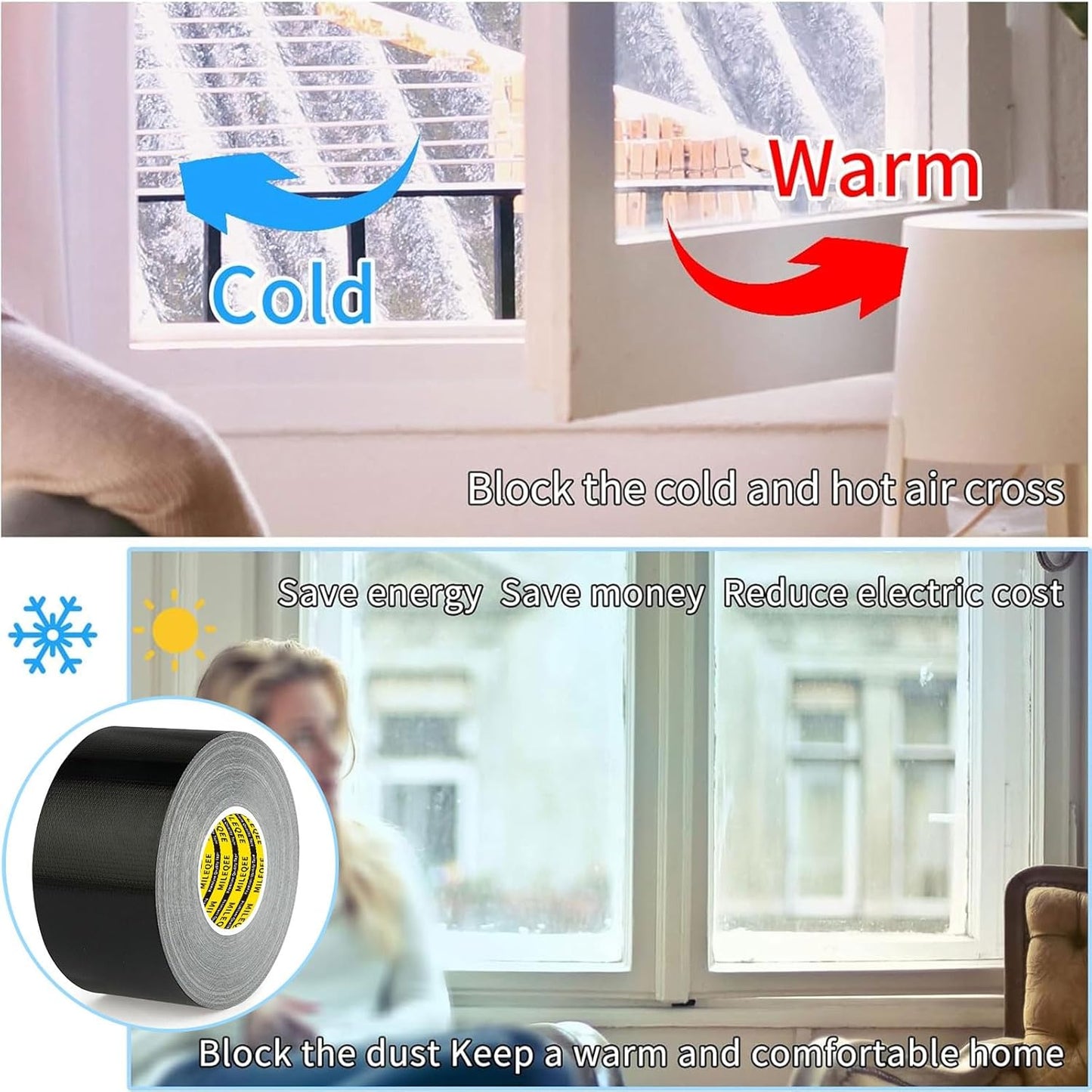 Cloth Duct Window Seal Strip Tape for Winter, 2.75in x 66FT, Weather Stripping Sealing Insulation Tape for Windows and Door, Easy Tear Sealer Draft Blocker Black