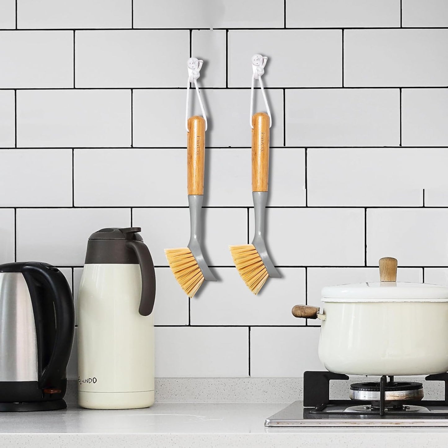 2 Pack Dish Brushes with Bamboo Handle, Kitchen Dish Scrubber Built-in Scraper, Scrub Brush for Pans, Pots, Counter & Kitchen Sink Cleaning, Dishwashing and Cleaning, Perfect Cleaning Tools, Gray