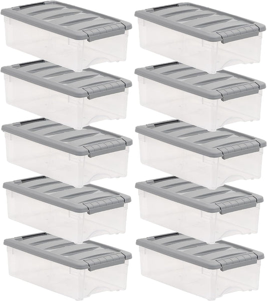 Amazon Basics Plastic Storage Containers with Secure Latching Lids, Stackable Organization Bins, Clear/Grey, 5 Quart, Set of 10