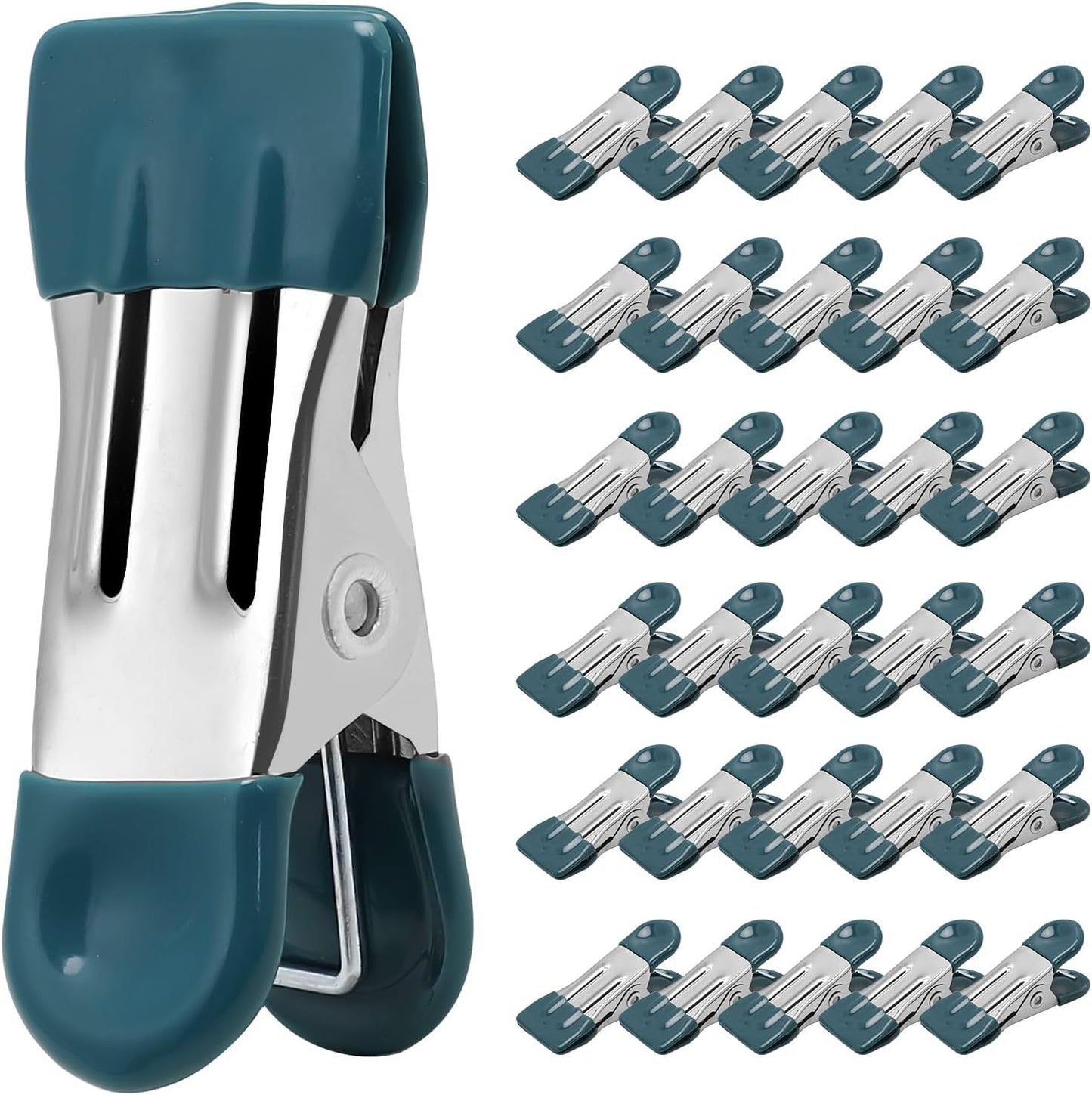 Clothes Pins Heavy Duty 30 Pack - 2.17 Inch Metal Chip Clips, Clothespins for Photo Drying Clothesline Laundry Sock, Bag Clips for Food Kitchen Stainless Steel with Rubber, Dark Green
