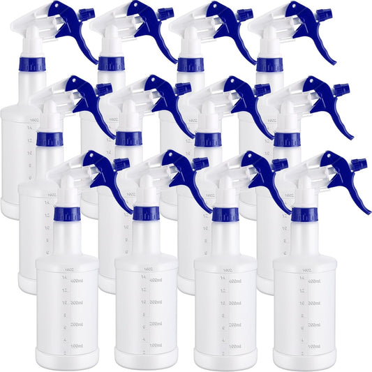 Eccliy 12 Pcs 16 Oz Plastic Spray Bottle, Adjustable Empty Reusable Sprayer for Cleaning, Planting, Water, Bathroom and Kitchen, BBQ, Commercial and Residential(Blue & White,Measurement)