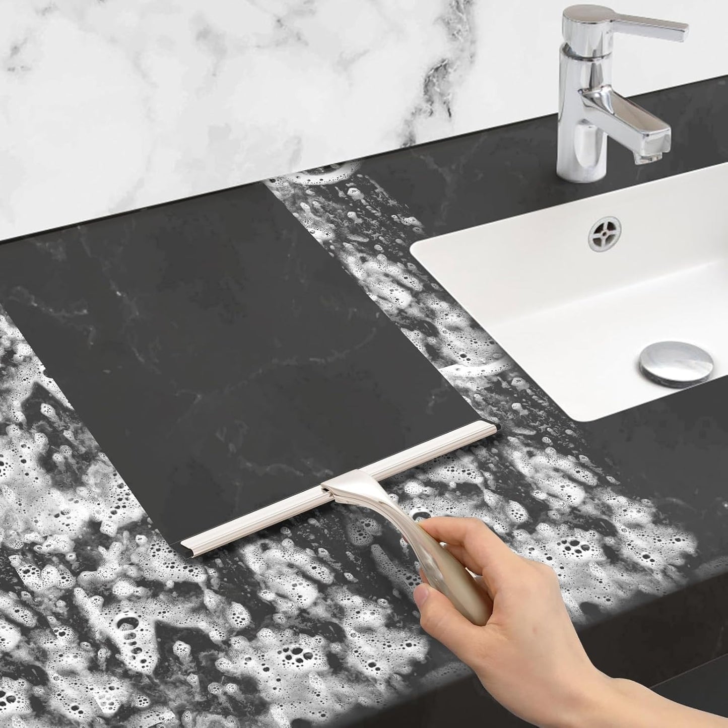 All-Purpose Stainless Steel Shower Squeegee for Glass Doors with Adhesive Hooks, Squeegee for Shower Glass, Bathroom Household Cleaner Tool for Window Mirror Tile Wall Car, 12 inch, Silver