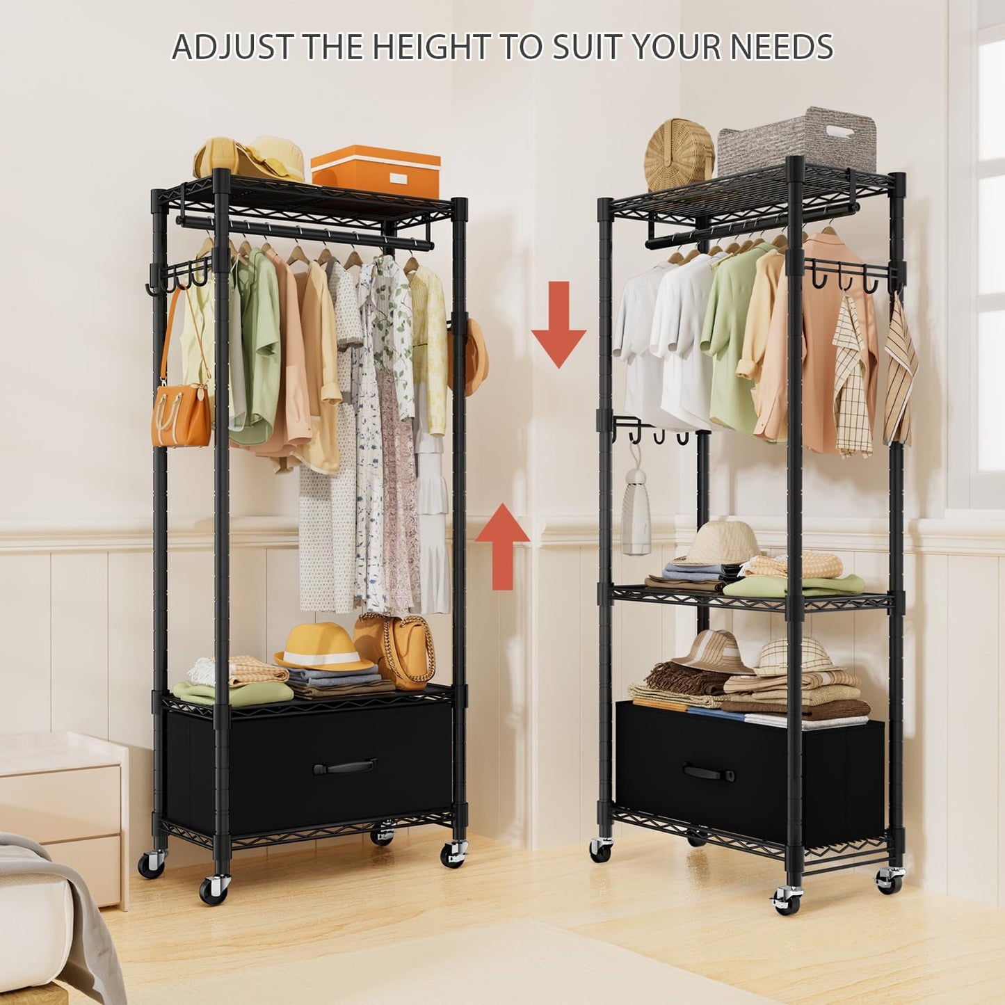 Clothes Rack, Clothing Rack for Hanging Clothes, 3 Tiers Adjustable Closet Organizer System with Drawer | Hanging Rod | Side Hooks | Load 445lbs | 23" L x 13.1" W x 78.7" H | Black