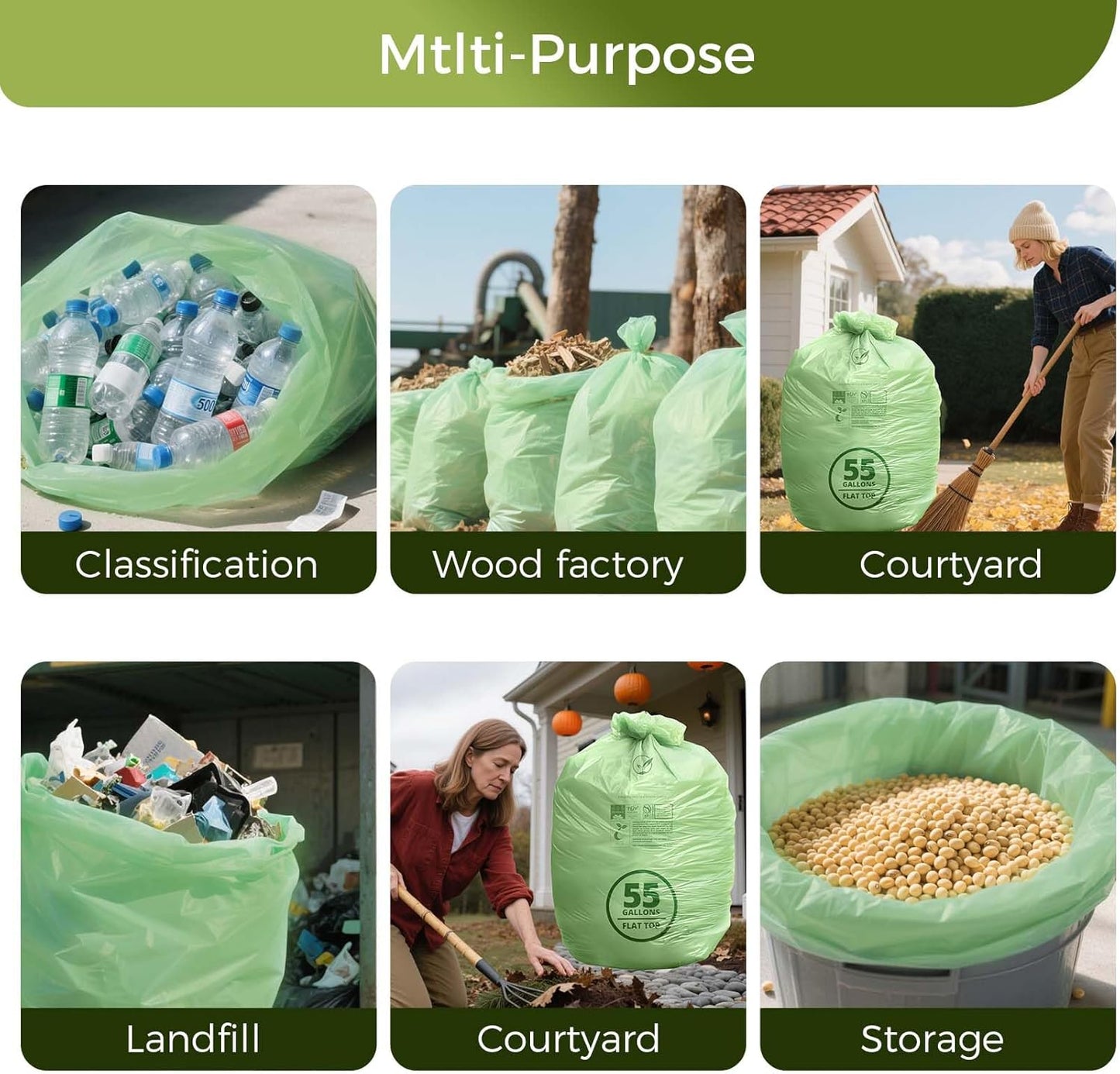 50-55 Gallon Compostable Trash Bags with Flat-Top, Heavy Duty Extra Thick 1.57 Mil, 208.2 Liter, 12 Bags, Large Lawn and Yard Waste Bag, ASTM D6400, US BPI and OK Compost Home Certified