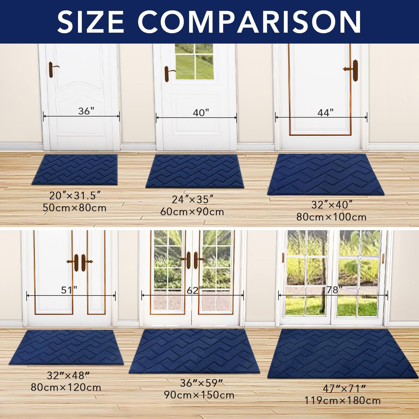 hicorfe Indoor Door Mat,Non Slip Door Mats,32"x48" Front Back Door Mat Rubber Backing,Absorbent Resist Dirt Entrance Inside Floor Mats for Entryway Washable Low-Profile(Navy Blue)
