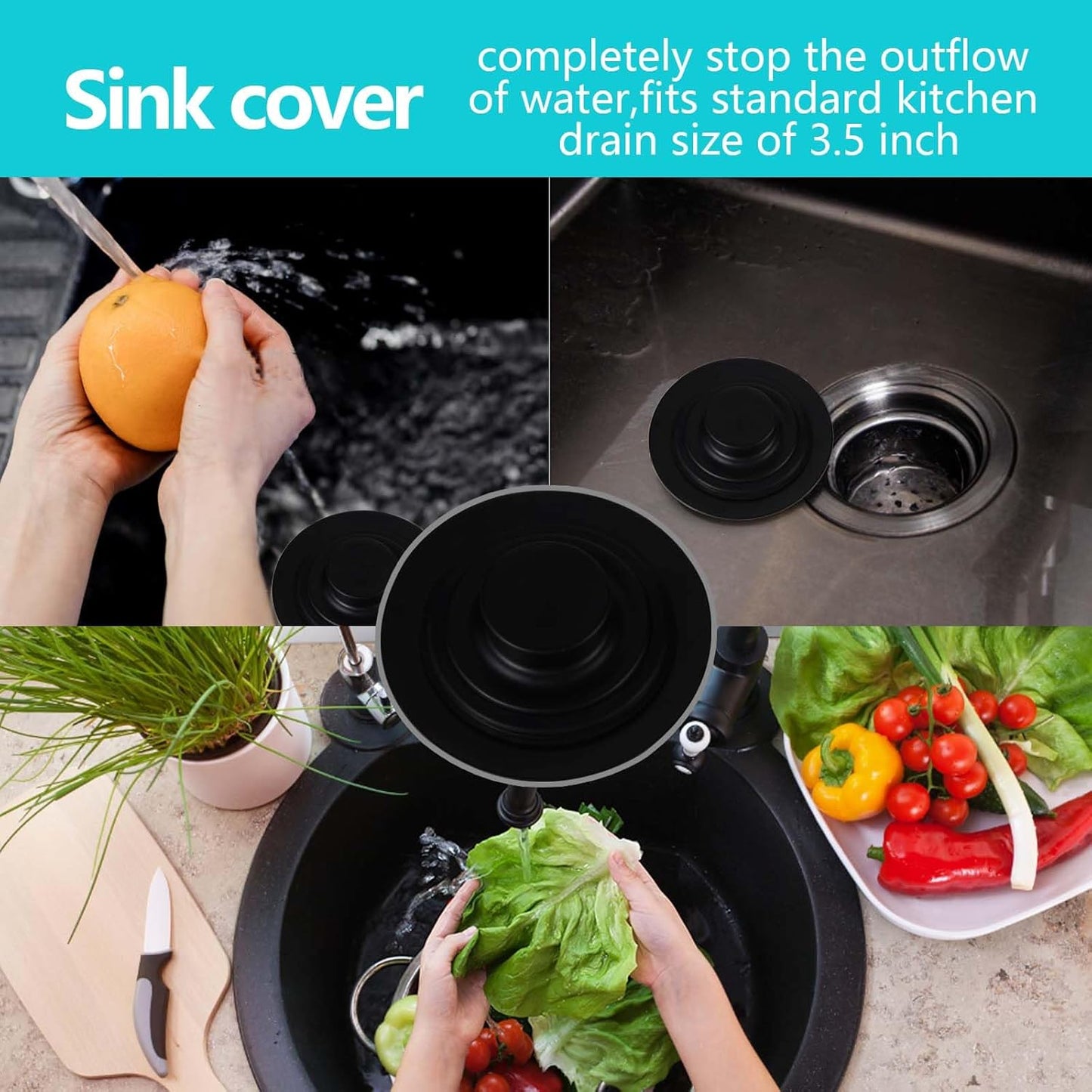 3 PCS Kitchen Sink Stopper Strainer,Anti-Clogging Stainless Steel Sink Disposal Stopper, Garbage Disposal Plug, Perforated Basket Drain Filter Sieve or Keep Water for Standard Kitchen Sink Drain,Black