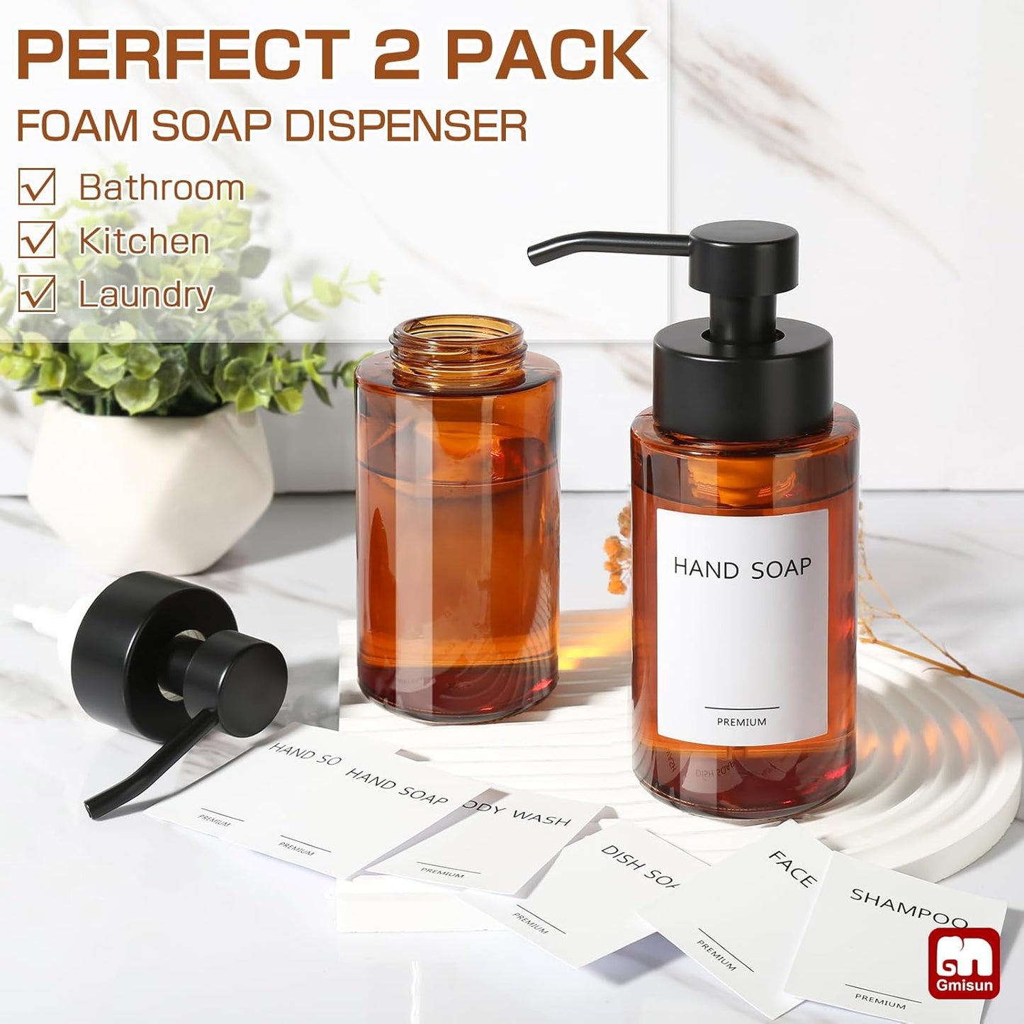 GMISUN Glass Foaming Soap Dispenser, 10 Fl oz / 300ml Amber Glass Soap Dispenser for Bathroom & Kitchen, 2 Pack Modern Refillable Foam Hand Soap Dispensers, Bathroom Hand Soap Dispensers with Labels