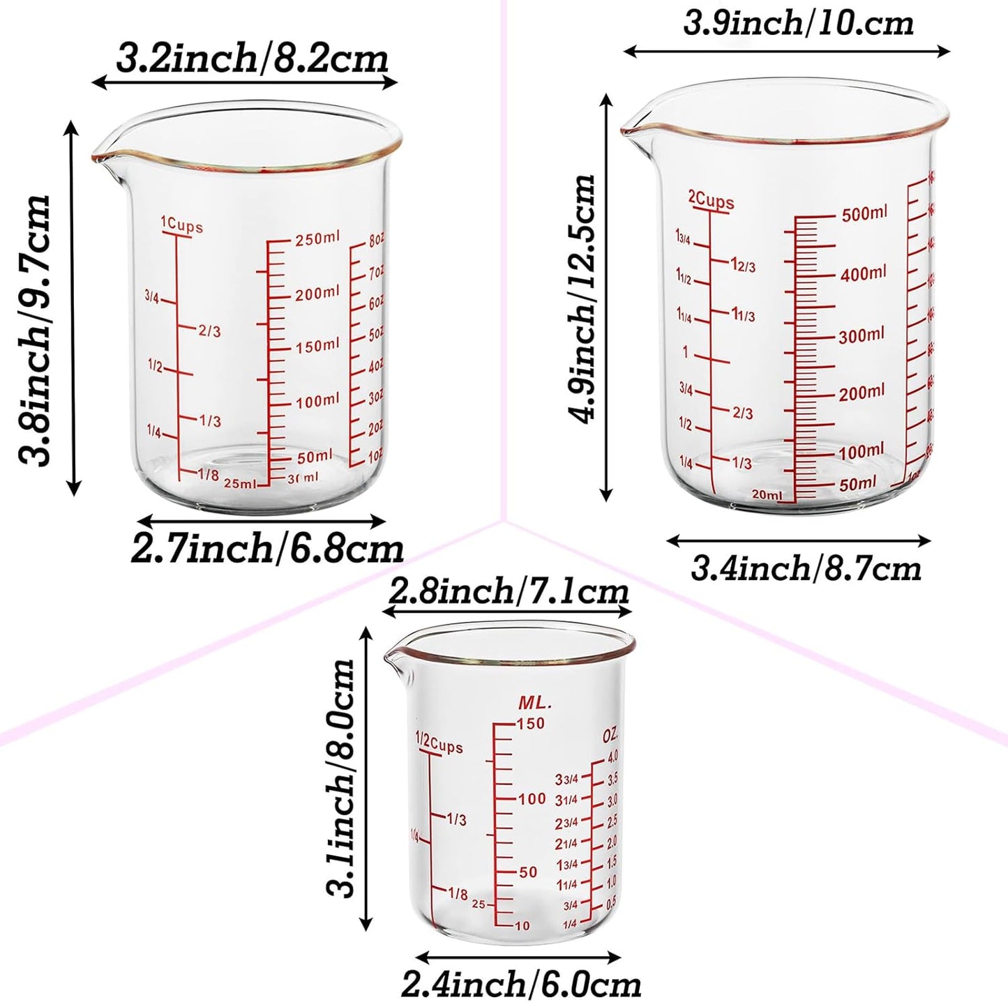 3 Piece Glass Measuring Cup Set, Includes 1/2-Cup, 1-Cup, and 2-Cup High Borosilicate Glasss Liquid Measuring Cups, Dishwasher, Freezer, Microwave, and Preheated Oven Safe, Essential Kitchen Tools
