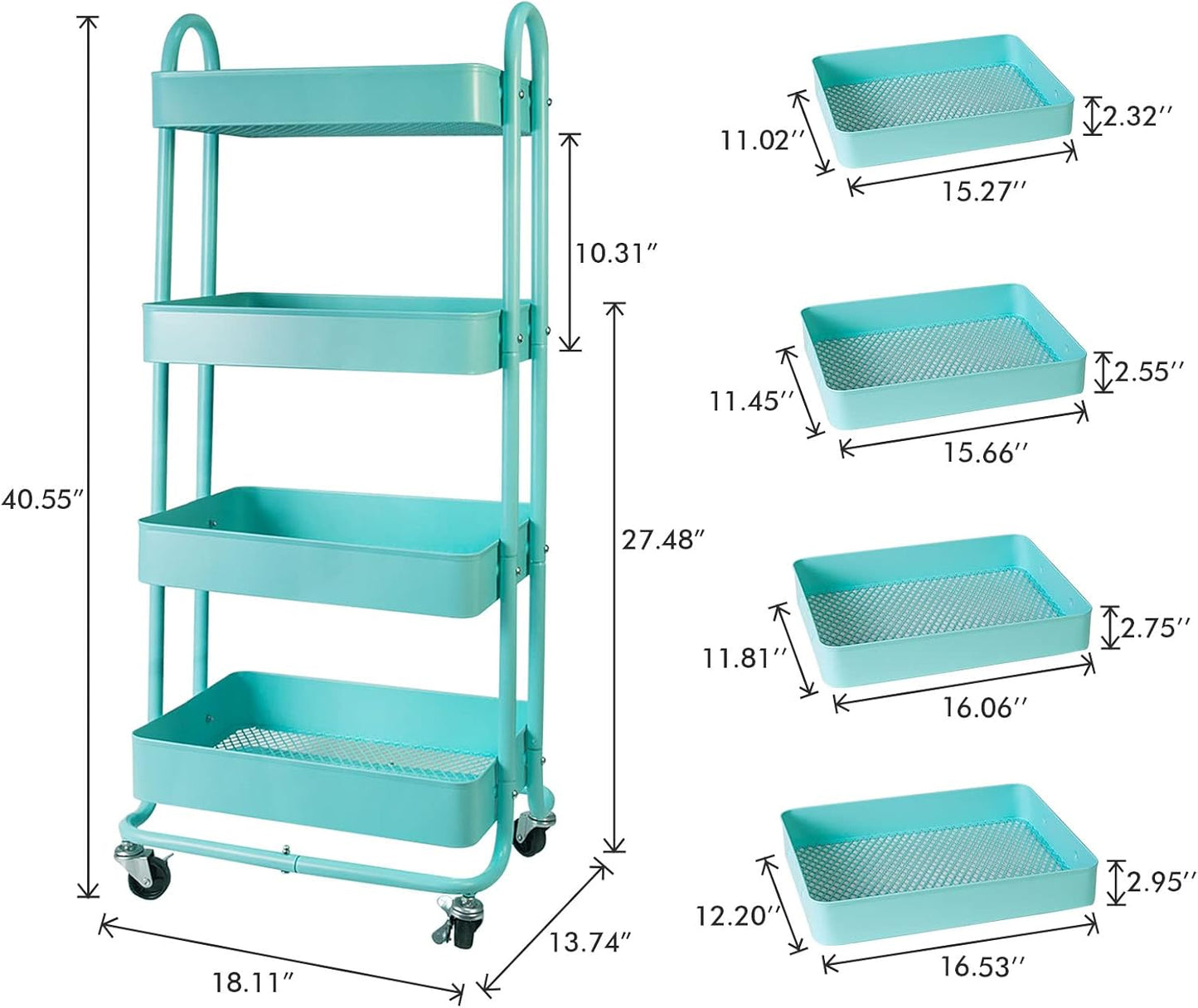 elabo 4-Tier Metal Mesh Utility Rolling Cart, Storage Organizer Trolley Services Cart with Lockable Wheels for Kitchen, Bathroom, Living Room (Blue)