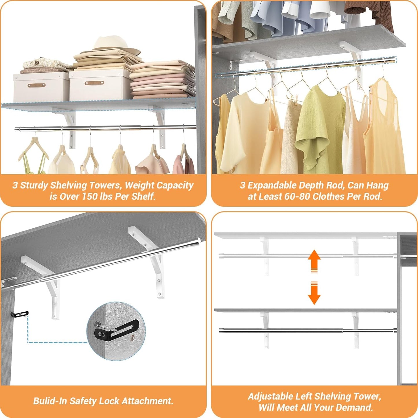 8FT Closet System with Shelves, 96'' Closet Organizer System with 3 Hanging Rods, Wall Mount Bedroom Wardrobe Walk-in Closet, Adjustable Cloth Garment Rack from 5 to 8FT (Cut to Fit), Grey