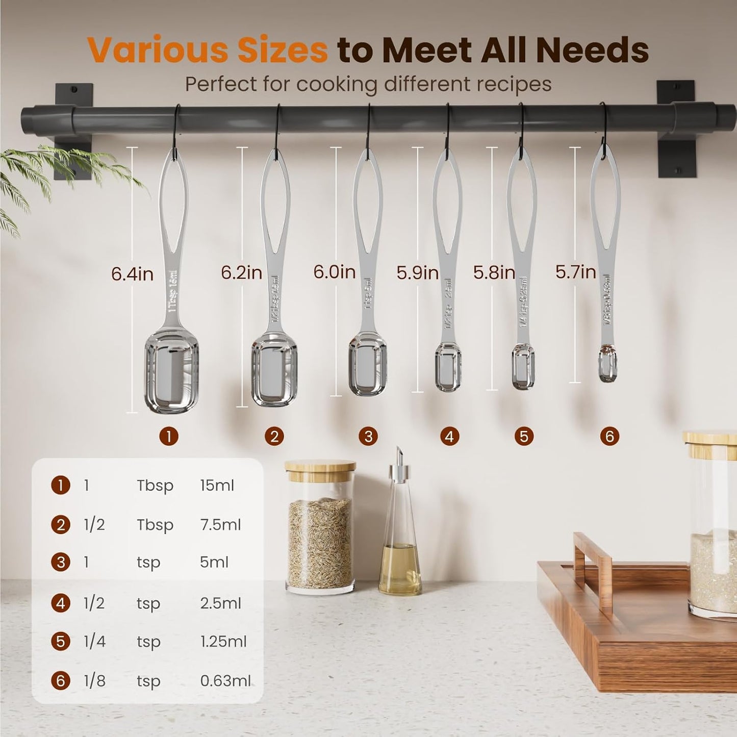 6PCS Narrow Measuring Spoons Set, Stainless Steel Measuring Spoon Fits in Spice Jars, Metal Teaspoon Measuring Spoons, Rectangular Tablespoon, Long Measuring Spoons for Dry & Liquid Ingredients