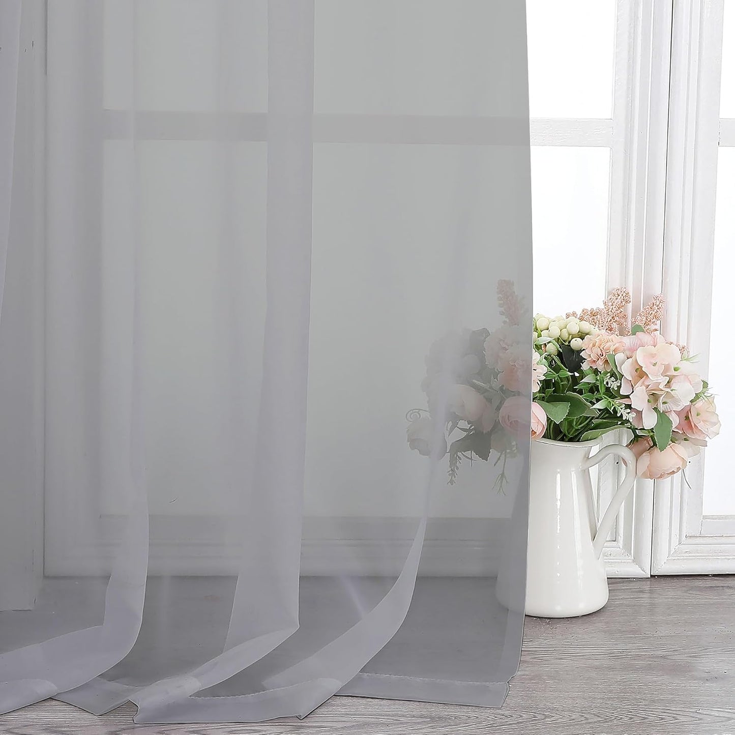 Chyhomenyc Sheer Light Grey Curtains 90 inches Long 2 Panels, Light Filtering Soft Airy Solid Elegant Voile Window Treatment Drapes for Bedroom Living Room Wedding Party Decor, 42 Wx90 L Inches