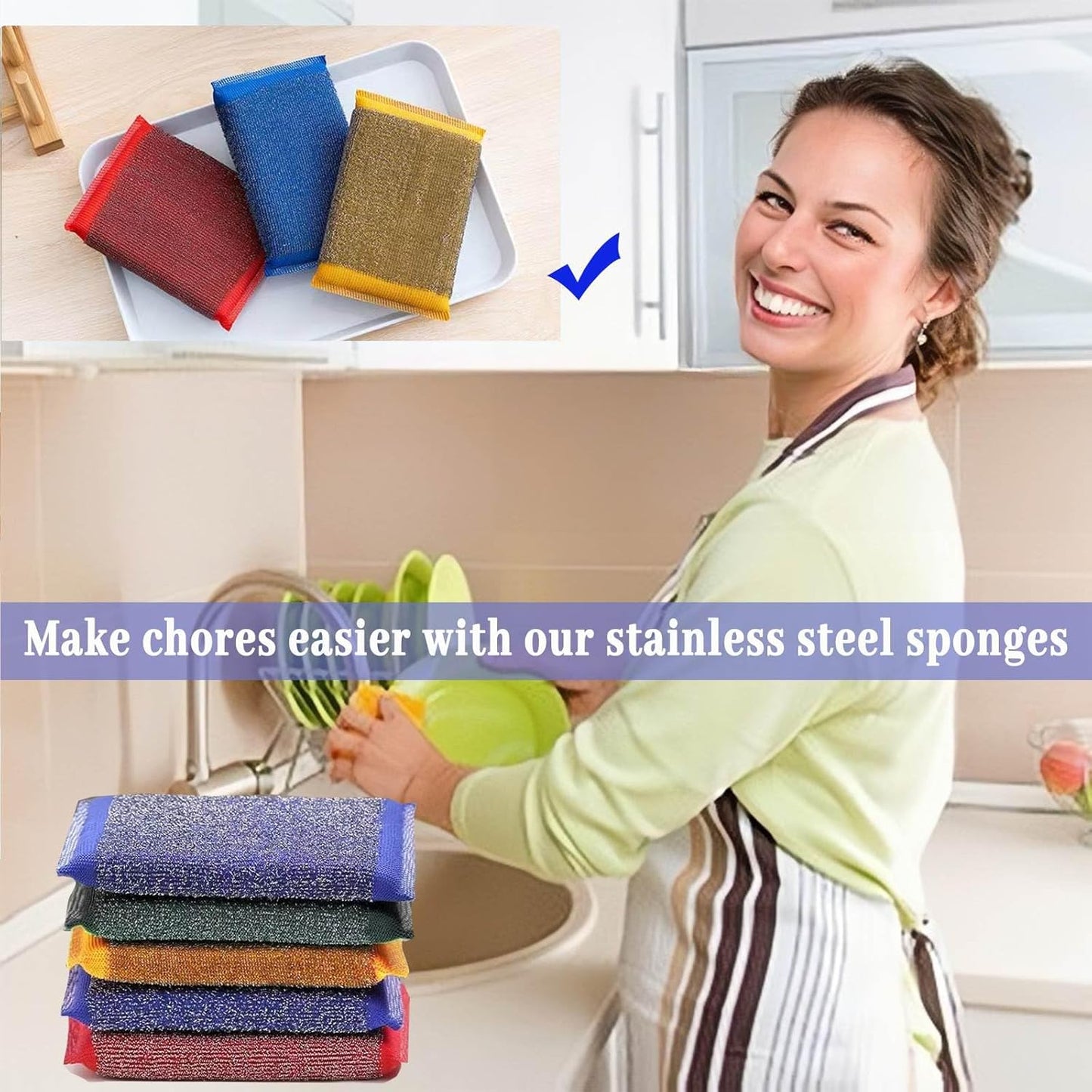 Steel Wool Scrubber Kitchen Sponges - Kitchen Dish Sponges Scrubbers, Non-Scratch Microfiber sponges for Cleaning, Pots and Pans Scrub Sponge(6 Pack)