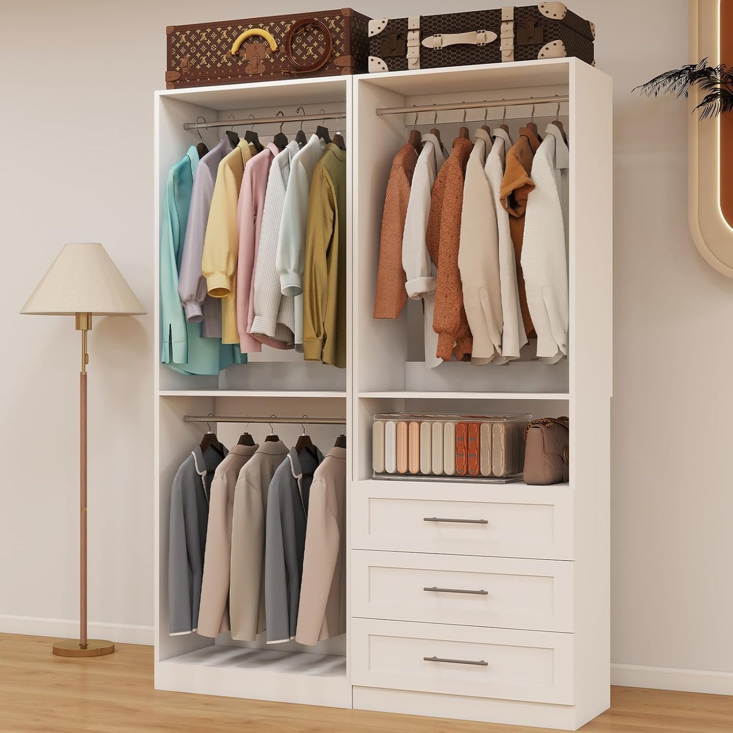 Closet System with 2 Sets, 4FT Closet Organizer Systems with 3 Wooden Drawers & 5 Hanging Rods, Walk in Closet Standalone Corner Closet System Modular Closet System Set White (4FT)