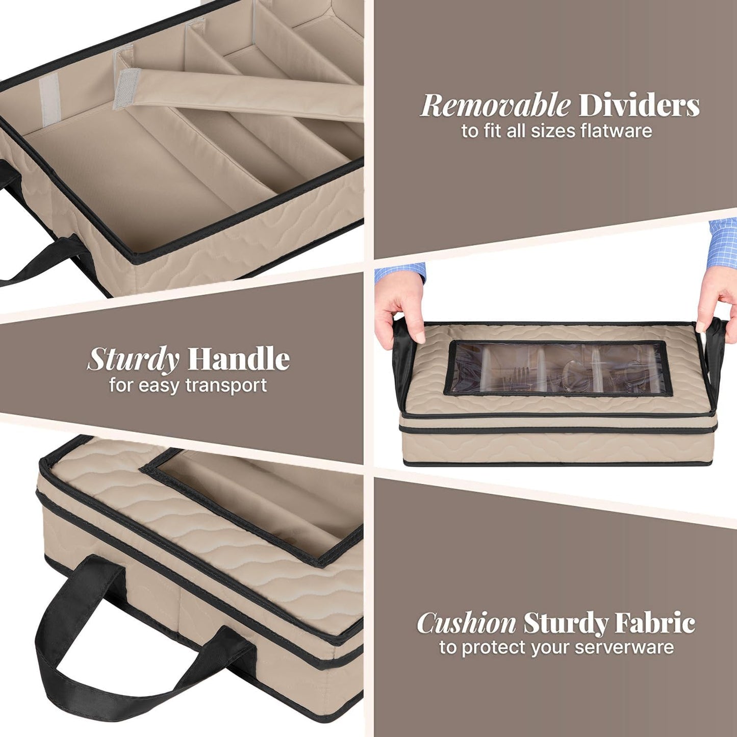 Flatware Storage Case - Durable 5 Compartment Silverware Storage Container Box with Removable Lid and Easy to Carry Handles - Large Capacity Keeps Your Cutlery Organized & Protected - Brown