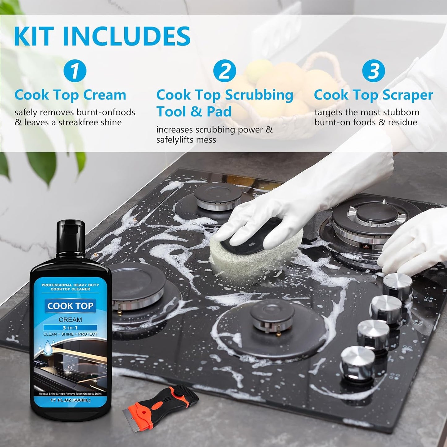 Cooktop and Stove Top Cleaner Kit, Glass Cooktop Cleaner Combo Kit with Razor, Scraper, Scrubbing Pad Removes Tough Stains, Stovetop Cleaner for Glass and Ceramic Surfaces，34OZ