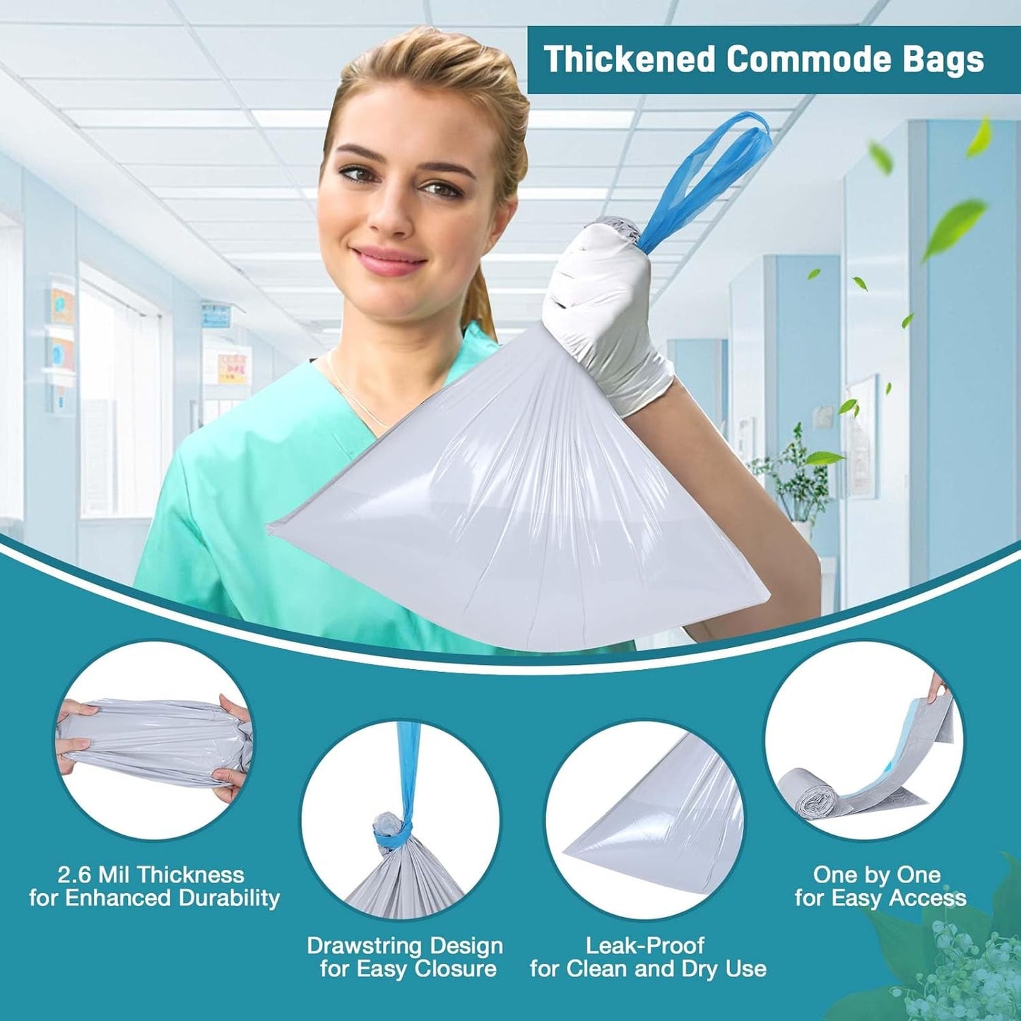 Commode Liners with Absorbent Pads- 100 Commode Bags+ 100 Commode Pads, Extra Thicken Commode Toilet Liners Universal Fit Bedside Commode, Portable Toilet, Chair Bucket, Bedpan