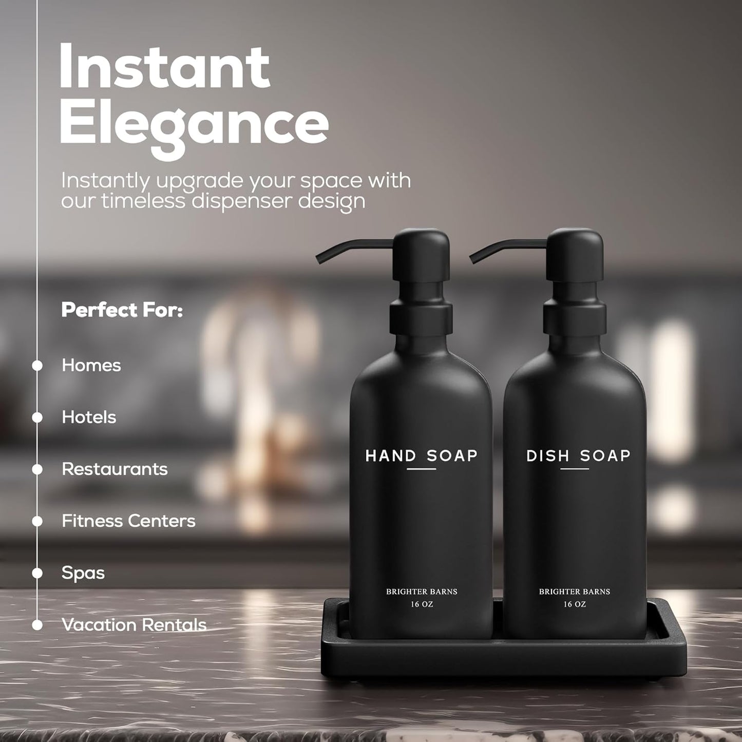 Black Glass Hand and Dish Soap Dispenser Set by Brighter Barns - Kitchen Soap Dispenser Set with Tray for Home, Airbnb, Vacation Rental, Gift - Minimalist Home Decor, Modern Kitchen Decor (Black)