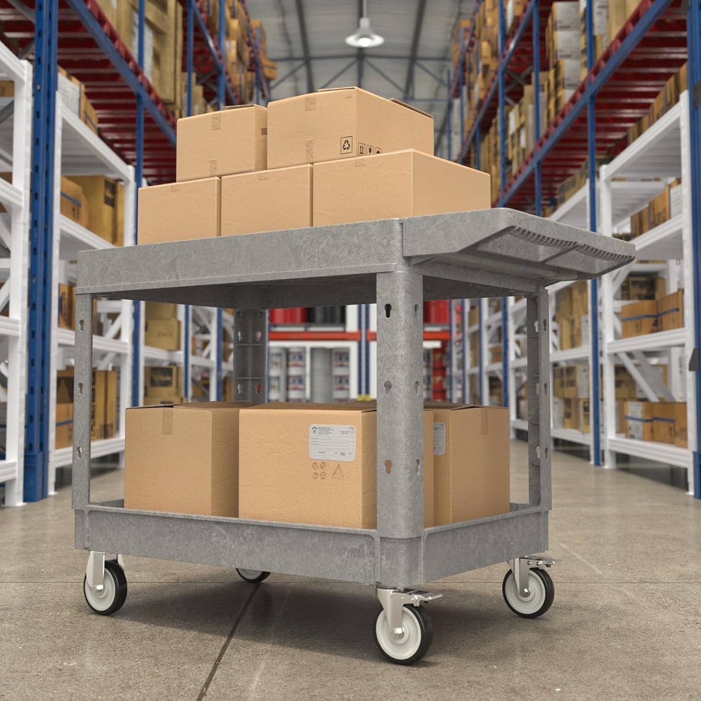 Heavy Duty Flat Top Utility Cart with Wheels 2-Tier Utility Plastic Service Work Cart for Shop, Garage, Warehouse, Maintenance 550 lbs