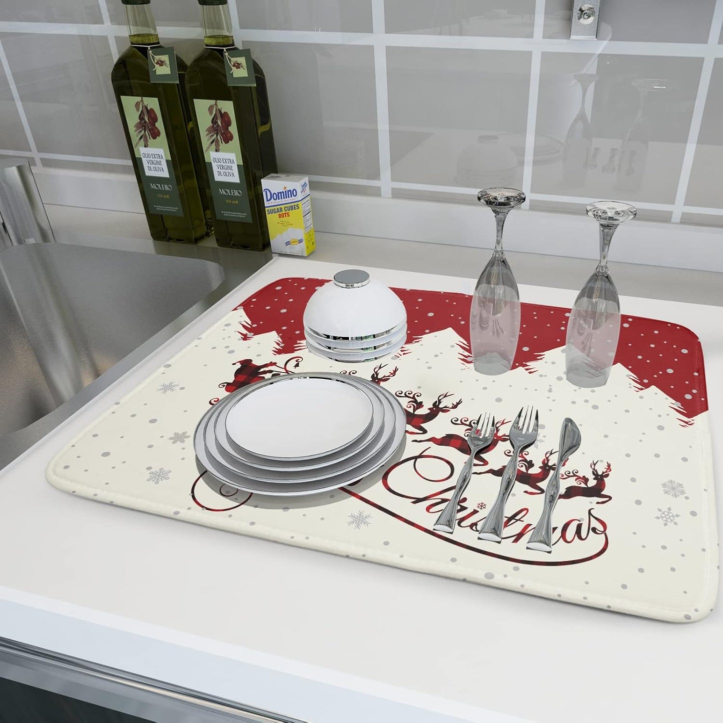 Christmas Moose Dish Drying Mat 16x18 Inch Cute Christmas Elk Drying Mat for Kitchen Counter Xmas Winter Santa Claus Absorbent Reversible Microfiber Dishes Pad Dish Drainer Mats Kitchen Accessories