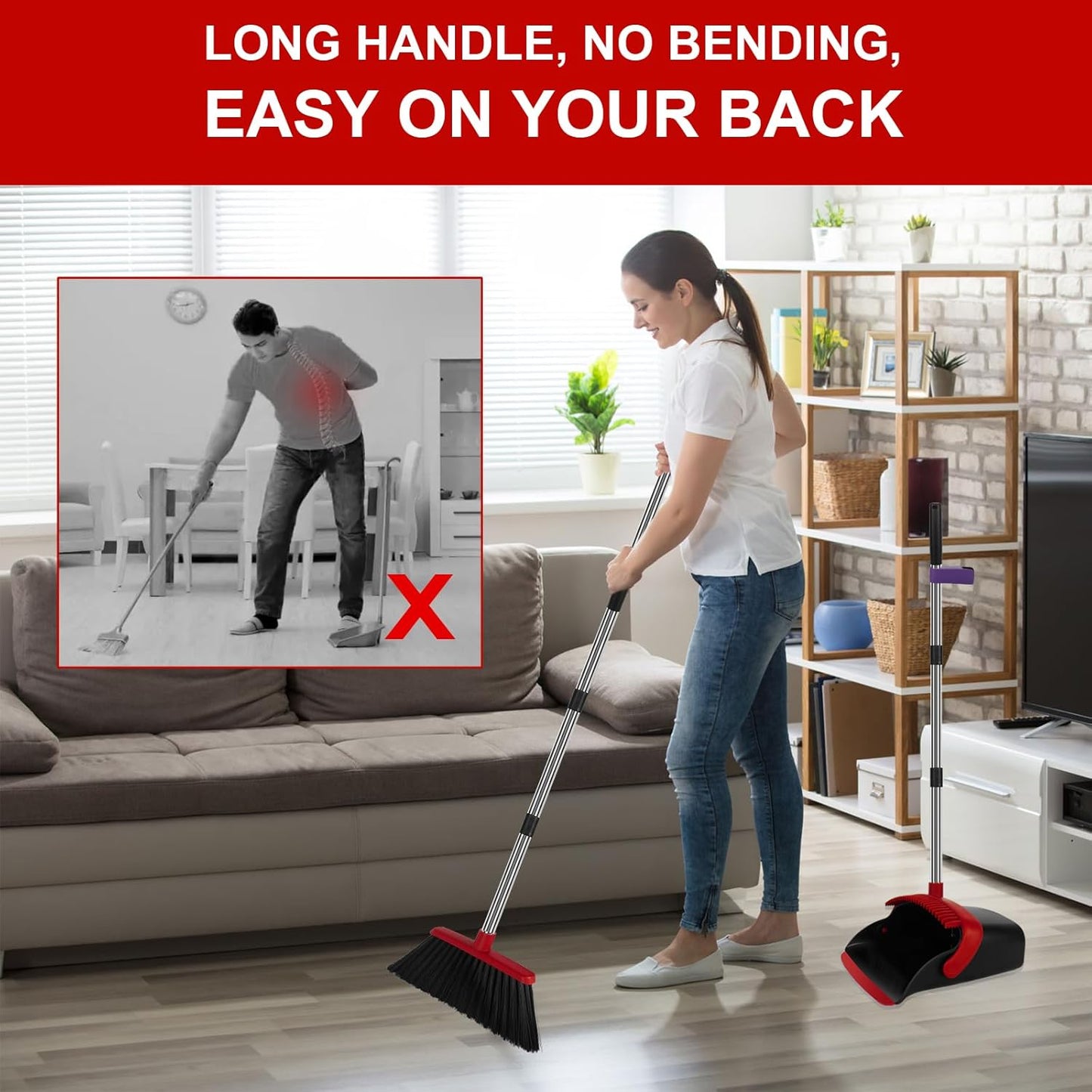 Broom and Dustpan Set, Large Household Broom with Dustpan Combo Set, 55 Inch Long Handle, Red Dust Pan Combo Set for Home