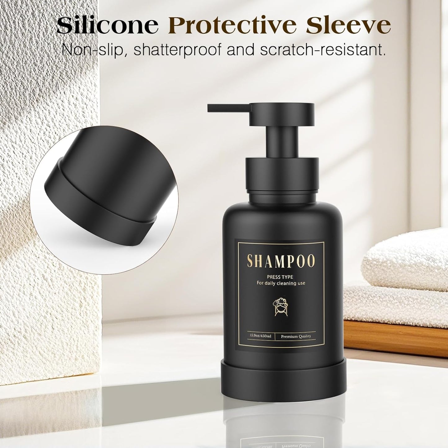 Luxspire Foaming Soap Dispenser, Glass Foam Pump Soap Dispenser, Non-Slip Hand Soap Dispenser with 5 Waterproof Labels, 15 Oz Refillable Liquid Soap Dispenser for Bathroom & Kitchen, Black, 1 Pack