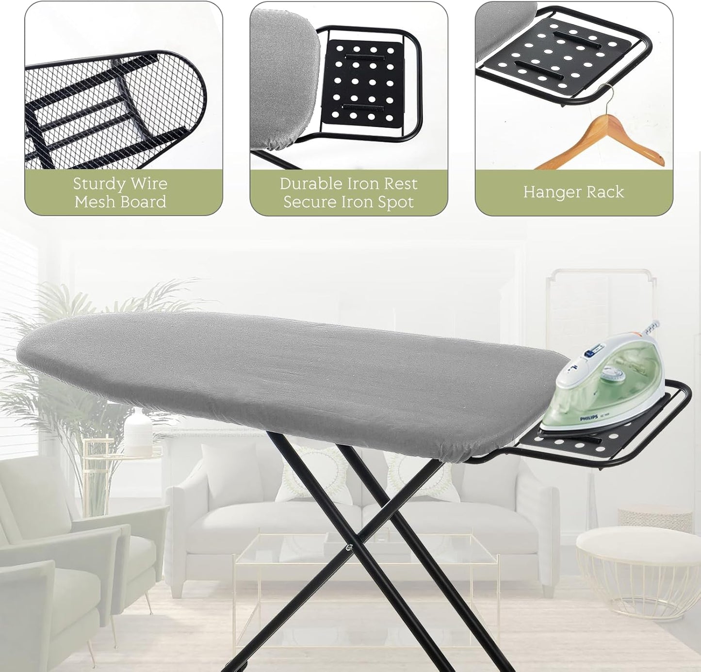 Ironing Board Full Size, RAINHOL 43"x13" Heavy Duty Compact Ironing Board with Iron Rest, Height Adjustable Sturdy Iron Stand, Grey Cover with Extra Thick Padding