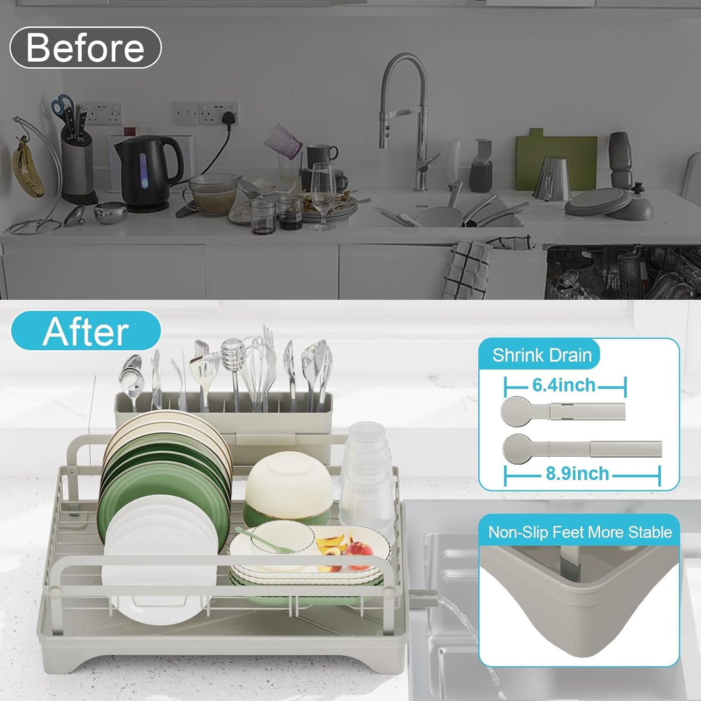 Dish Drying Rack - Space-Saving Dish Rack,Dish Racks for Kitchen Counter with Drainboard,Rustproof Countertop Dish Drainer with Utensil Holder for Sink Grey