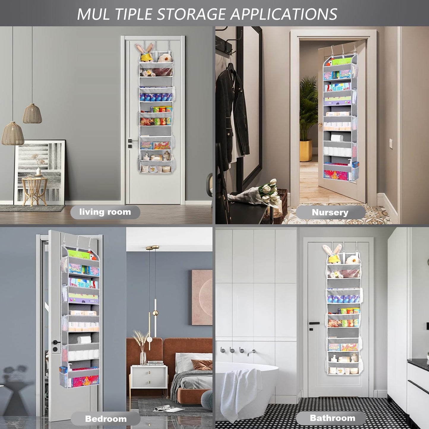 2 Pack Over The Door Storage Organizer with 5 Pockets 10 Mesh Side Pockets, 44 lbs Weight Capacity Door Hanging Organizers and Storage for Bedroom,Bathroom,Nursery,Pantry,Dorm(Light Gray)