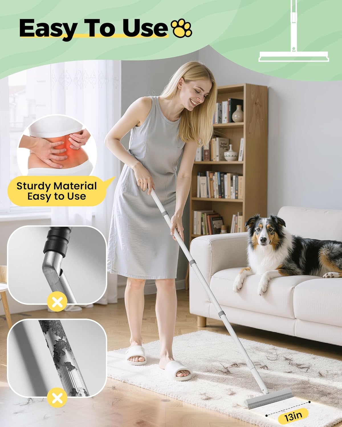 Carpet Rake for Pet Hair Removal Tool - 4 in 1 Pet Hair Remover Kit for Dog Cat Fur Remover, Contain 60" Adjustable Rubber Broom, Glove, Magic Brush and Scraper for Home Furniture, Rugs, Mats