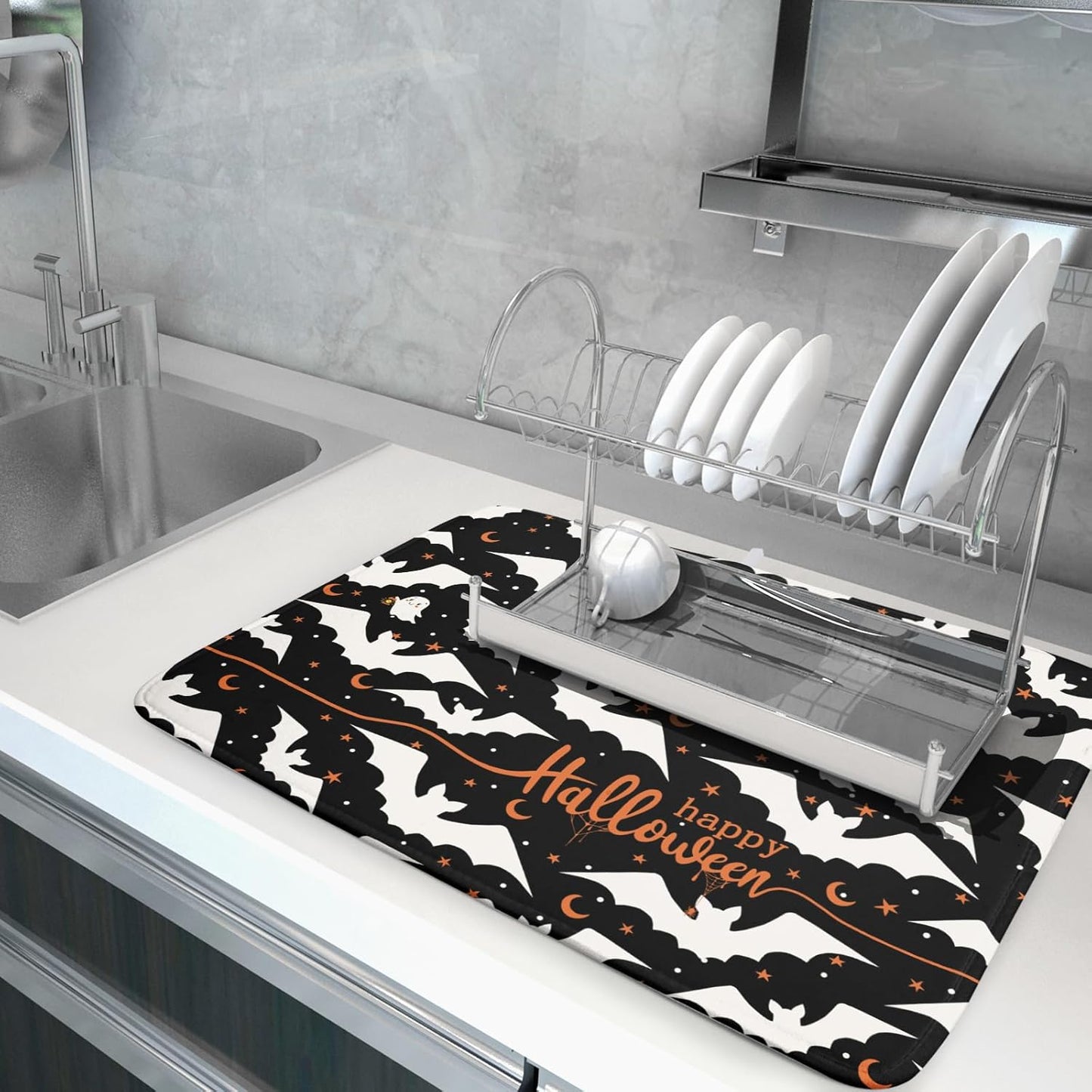 Halloween Drying Mats for Kitchen Counter 18”x24” Happy Halloween Spooky Bat Dishes Pad Microfiber Absorbent Fast Dry Dish Draining Mats Halloween Kitchen Decor Table Protector for Bar Countertop