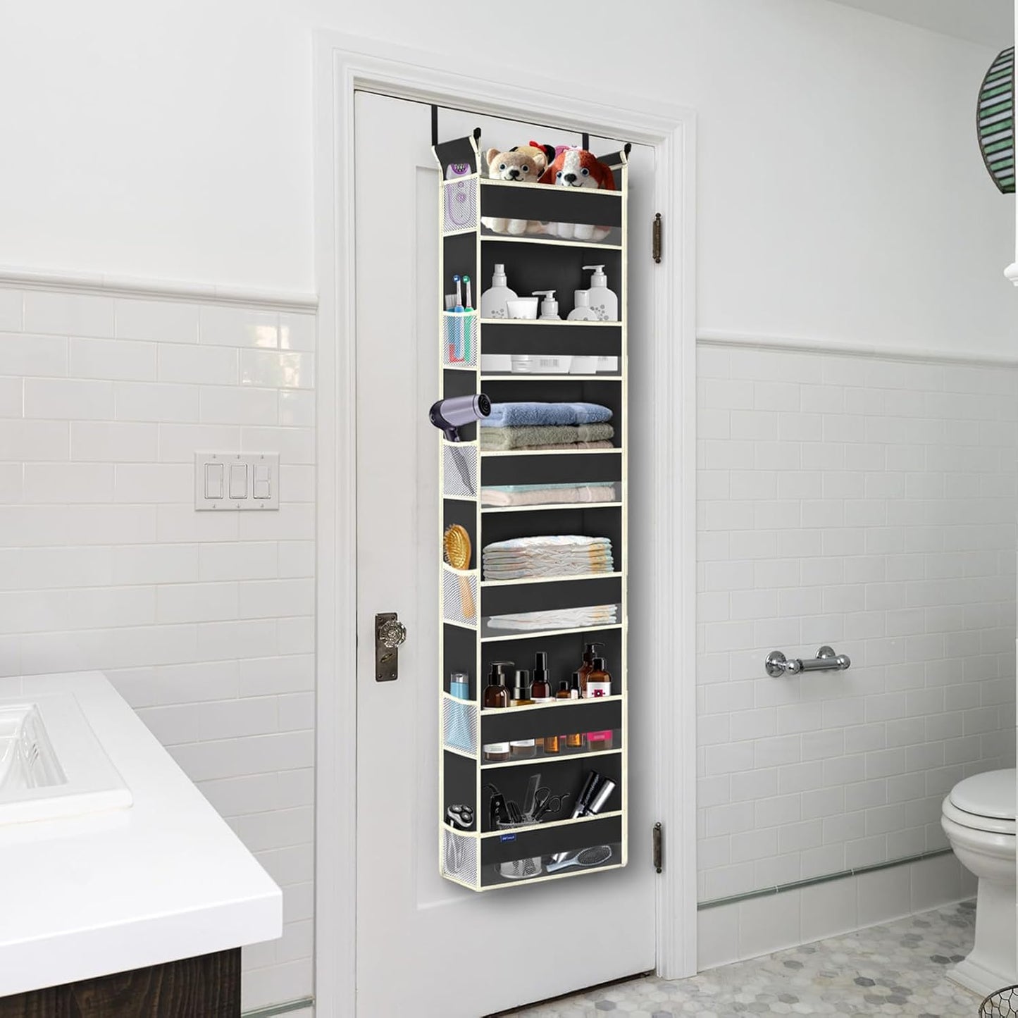 2 Pack Over The Door Hanging Organizer - 6 Shelves & 12 Side Pockets, Over The Door Storage for Baby Accessories & Children's Toys (13"x5"x54", Black)